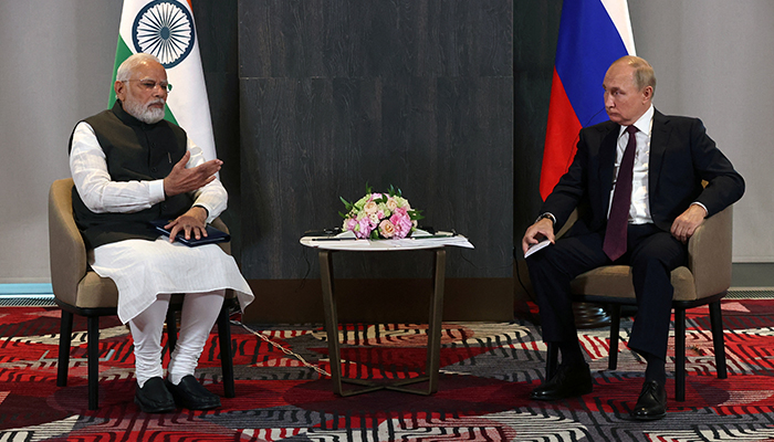 Russian President Vladimir Putin and Indian Prime Minister Narendra Modi attend a meeting on the sidelines of the Shanghai Cooperation Organization (SCO) summit in Samarkand, Uzbekistan September 16, 2022. — Reuters