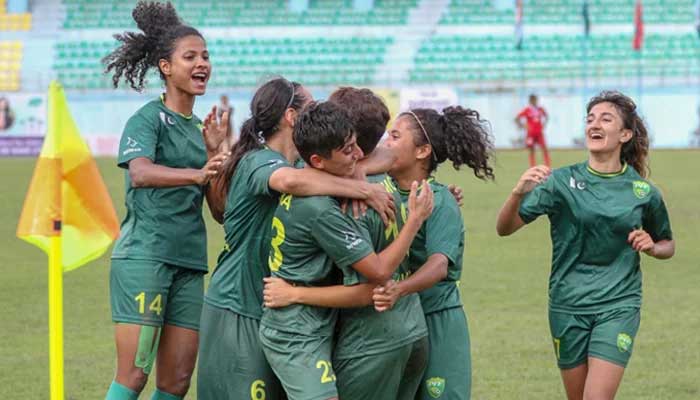 The Pakistan team celebrates after hitting a goal against the Maldives during their last match of the SAFF Women’s Cup, on September 13, 2022. — Photo by author