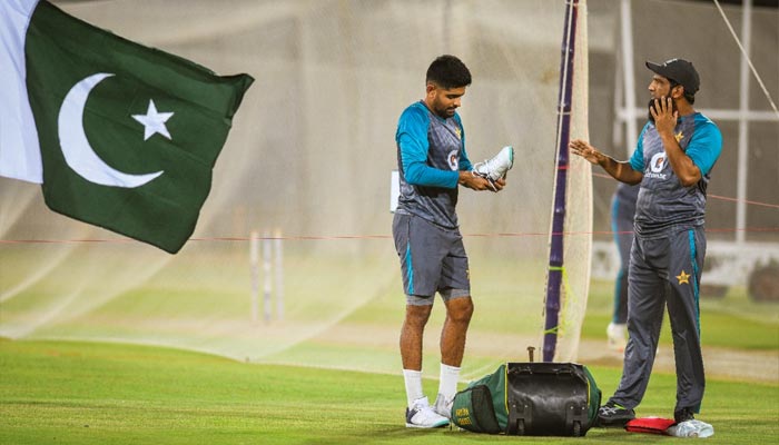 Pakistan skipper Babar Azam practices as Men in Green and England team practice during a joint session ahead of the seven-match T20I series at the National Stadium Karachi on September 17, 2022. — Twitter/@TheRealPCB