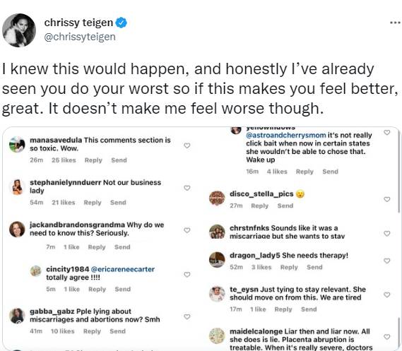 Chrissy Teigen hits back at online trolls for brutal remarks after sharing about life-saving abortion