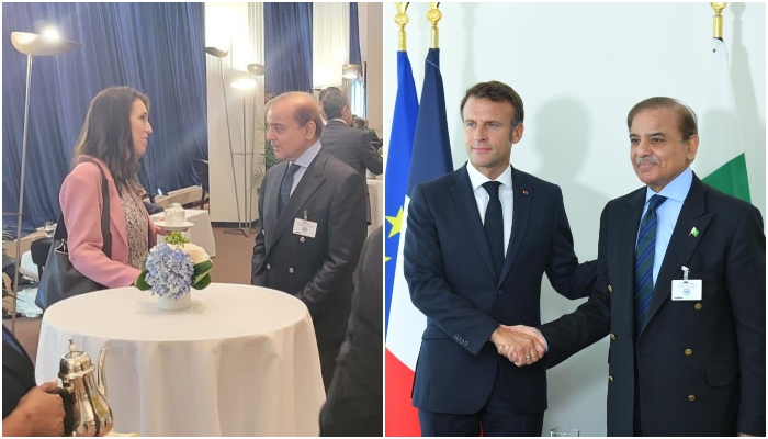 Prime Minister Shehbaz Sharif meets New Zealand PM Jacinda Arden and President of France Emmanuel Macron. — Twitter