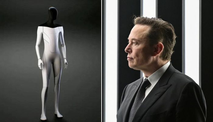 A humanoid robot developed by Tesla, known as Tesla Bot or Optimus (l), Tesla CEO Elon Musk (r). — Reuters