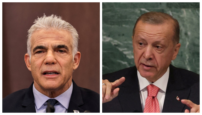 Turkeys President Tayyip Erdogan addresses the 77th Session of the United Nations General Assembly at UN Headquarters in New York City, US, September 20, 2022 (right) and Israels caretaker Prime Minister Yair Lapid attends the weekly cabinet meeting in Jerusalem, September 18, 2022. — Reuters