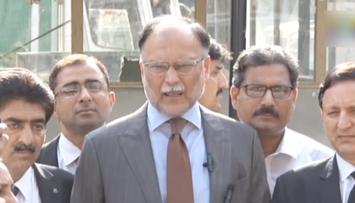 Minister for Planning, Development, and Special Initiatives Ahsan Iqbal holds a press conference outside theIslamabad High Court in Islamabad, on September 21, 2022. — YouTube/PTVNewsLive