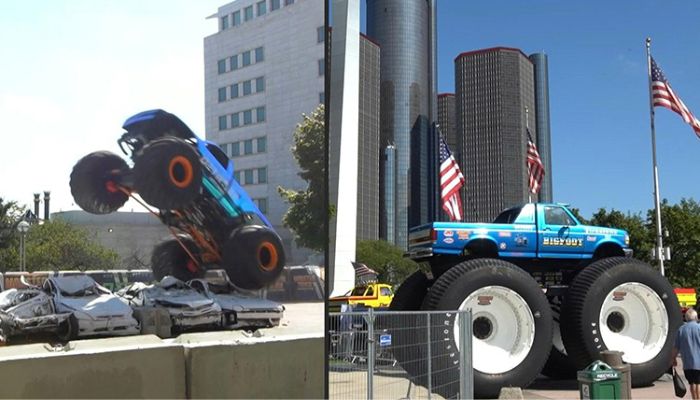 Monster truck seen crushing cars as part of a free Detroit Auto Show. — Screengrab via Facebook