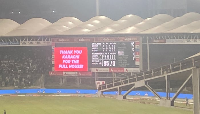 A screen shows the sign of full house at the National Stadium, Karachi, during the Pakistan vs England, on September 20, 2022. — Twitter/SibteHR