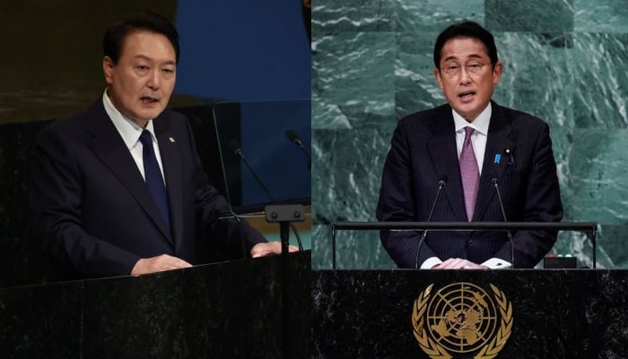 Korean President Yoon Suk Yeol (left) and Japanese Prime Minister Fumio Kishida address the 77th session of the United Nations General Assembly at the United Nations Headquarters in New York City on September 20, 2022.  - Reuters