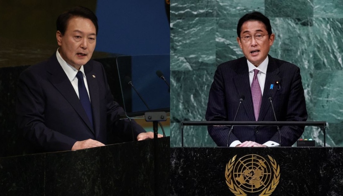 Korea President Yoon Suk Yeol (left) andJapans Prime Minister Fumio Kishida addressing77th Session of the United Nations General Assembly at U.N. Headquarters in New York City, US September 20, 2022. — Reuters