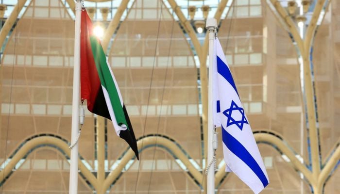 Flags of United Arab Emirates and Israel flutter during Israels National Day ceremony at Expo 2020 Dubai, in Dubai, United Arab Emirates, January 31, 2022. — Reuters