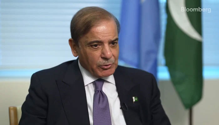 Prime Minister Shahbaz Sharif gives interview to Bloomberg TV in New York. — Screengrab