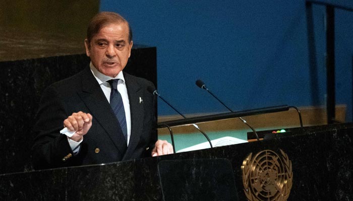Prime Minister Shehbaz Sharif addresses the 77th session of the United Nations General Assembly at UN headquarters in New York City on September 23, 2022. — AFP
