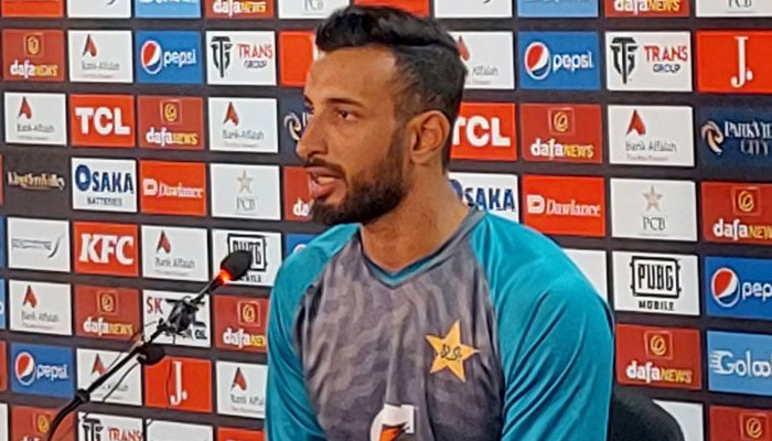 Shan Masood answering the media questions after third T20I in Karachi on September 23. Twitter/FaizanLakhani