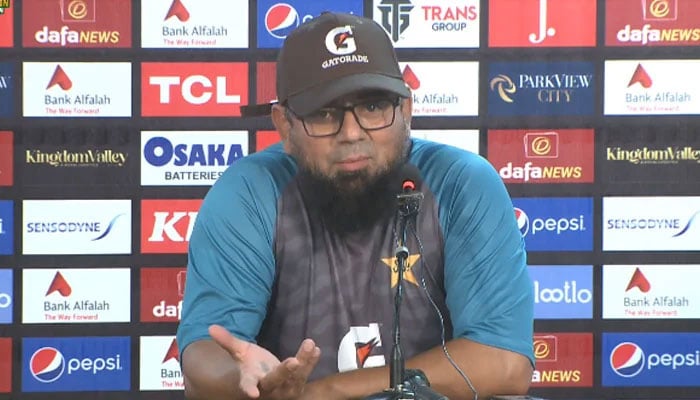 Head coach of the Pakistan cricket team, Saqlain Mushtaq, addressing a press conference after a defeat in the third T20I on Friday. Twitter/PCBOfficial