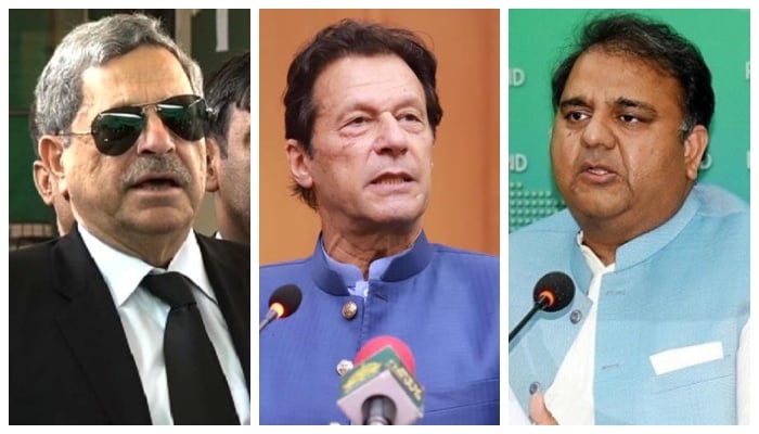(L to R) PTI Chairman Imran Khans lawyer Hamid Khan, Ex-prime minister Imran Khan, and senior party leader Fawad Chaudhry. — Twitter/PID/File