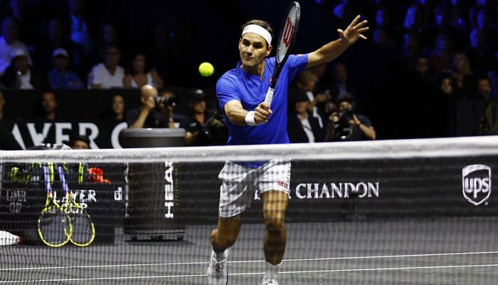 Team Europes Roger Federer in action during his doubles match with Rafael Nadal against Team Worlds Jack Sock and Frances Tiafoe on September 24, 2022. — Reuters
