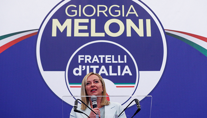Leader of Brothers of Italy Giorgia Meloni speaks at the partys election night headquarters, in Rome, Italy September 26, 2022. — Reuters