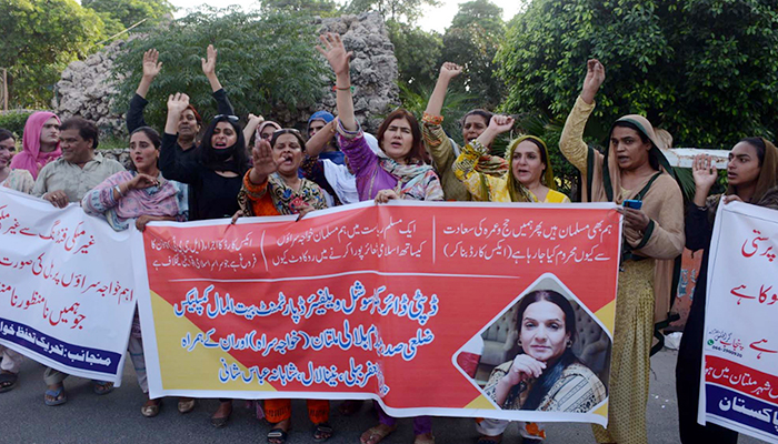 Members of the transgender community protest against the amendment in the Transgender Protection Act at the Multan Press Club on September 19, 2022. — PPI