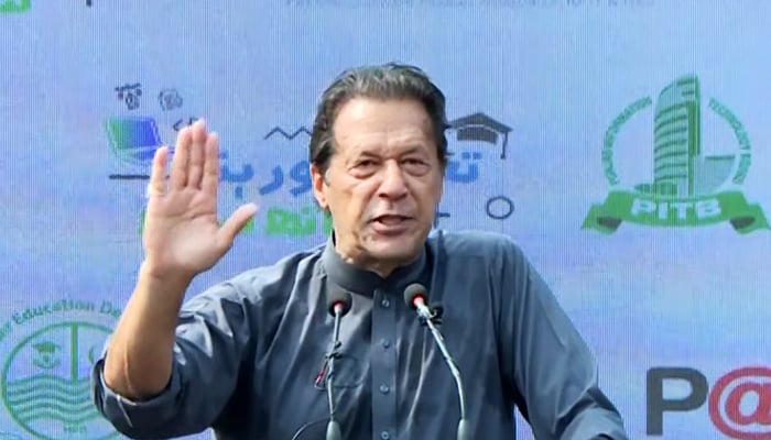 PTI Chairman Imran Khan addressing an event in Lahore, on September 26, 2022. — YouTube/Geo News screengrab