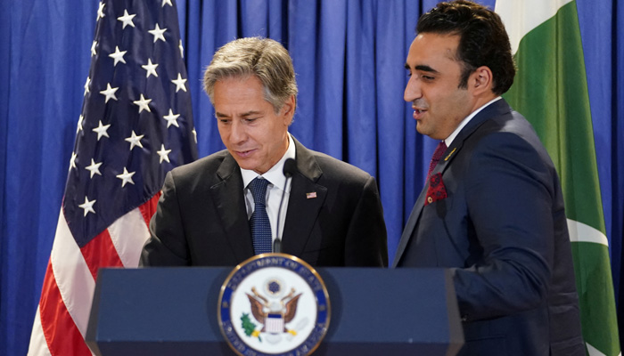 US Secretary of State Antony Blinken and Pakistans Foreign Minister Bilawal Bhutto-Zardari trade places to deliver remarks after their meeting at the State Department in Washington, US, September 26, 2022.  —REUTERS