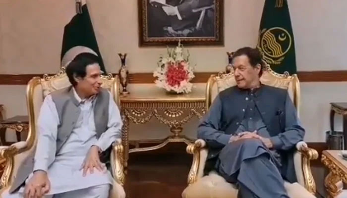 Chairman PTI Imran Khan meeting Punjab CM Pervaiz Elahi at the CM House, Lahore on September 26, 2022. Screengrab of a Twitter video