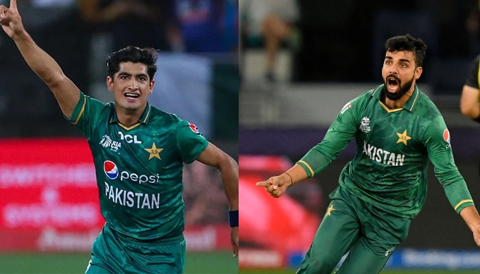 Pakistan pacer Naseem Shah (left) and all-rounder Shadab Khan celebrate taking wickets. — AFP/File