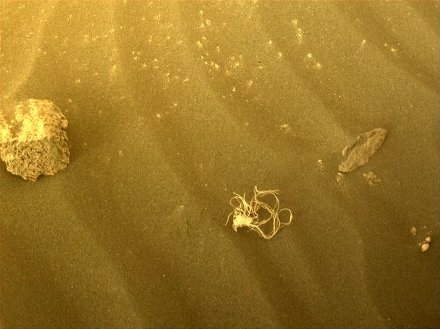 The Perseverance rover came across this piece of netting on July 12, 2022, more than a year after landing on Mars. —NASA/JPL