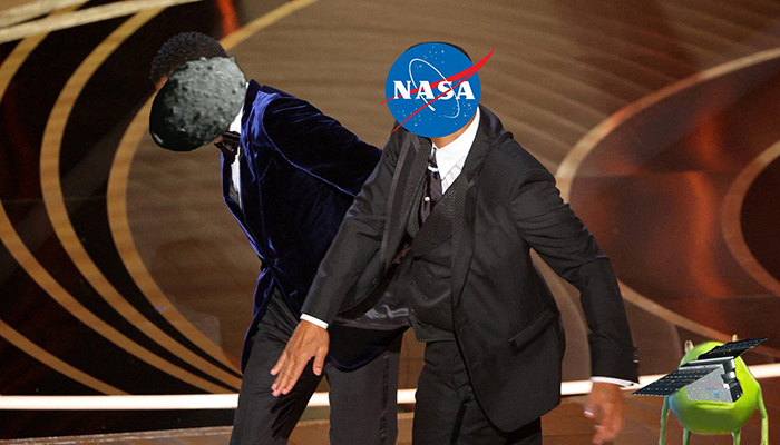 In this photo, Will Smith (with the logo of NASA on his face) can be seen slapping Chris Rock (with an asteroid on his face) at the Oscars. — Twitter/elonmusk