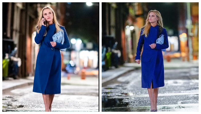 Reese Witherspoon stuns in vibrant blue coat as she films night scenes for The Morning Show