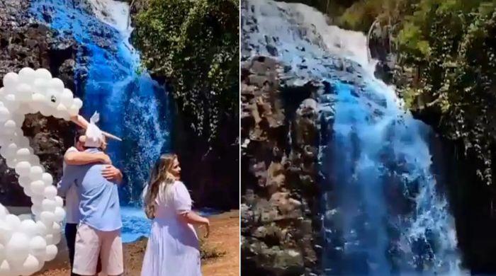 Gender-reveal party gone wrong: Couple criticised for turning waterfall blue 