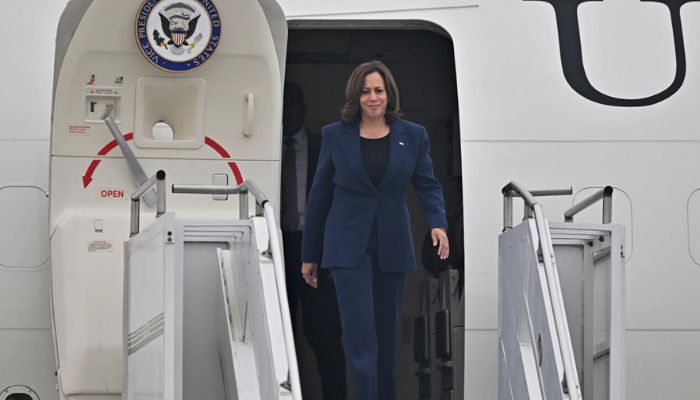 S Vice President Kamala Harris exits Air Force Two upon arriving at Osan Air Base in Pyeongtaek on September 29, 2022. — AFP