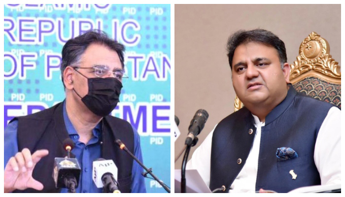 PTI leaders Asad Umar (left) and Fawad Chaudhry. — APP/PID/File