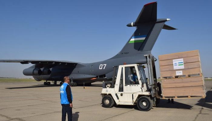 Uzbekistan Air Force’s special aircraft carrying humanitarian goods arrives in Karachi on September 29, 2022. — Twitter