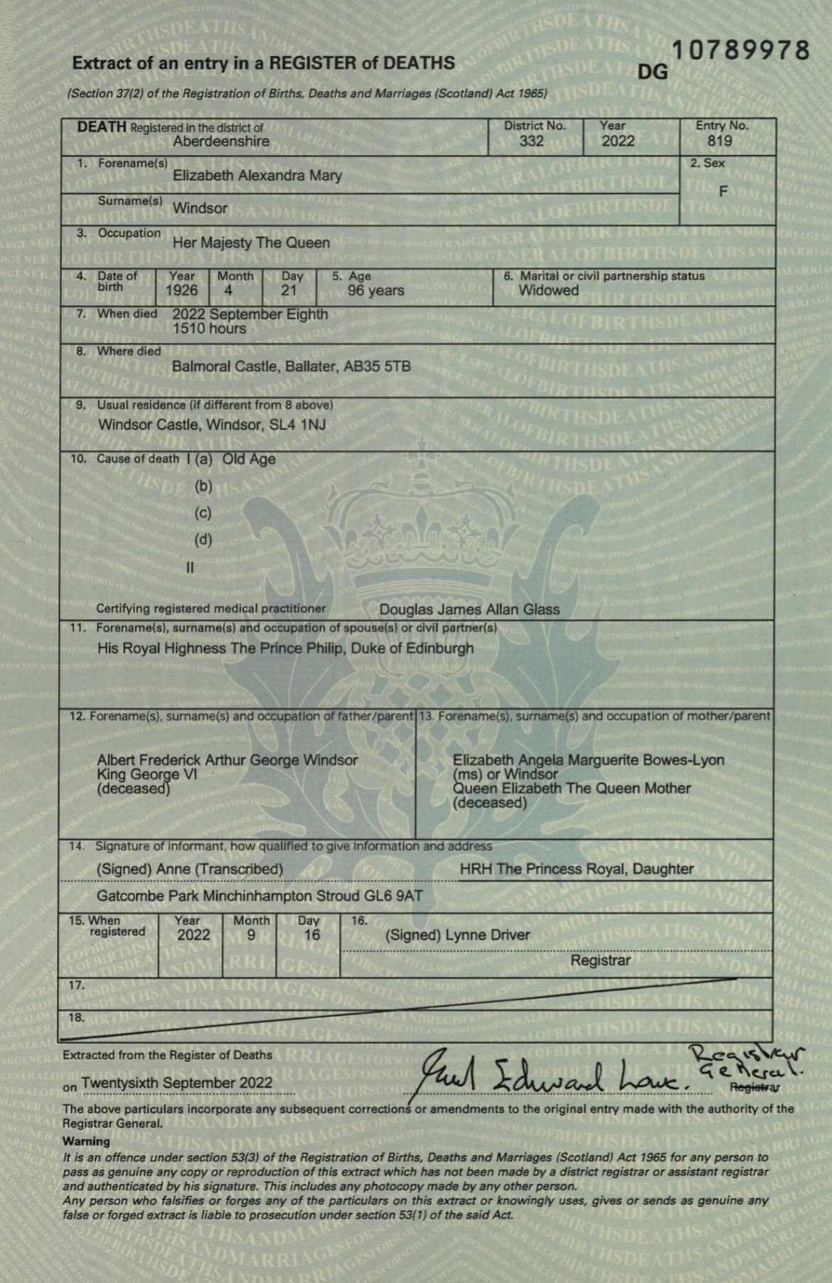 Photo of official registration of Queen Elizabeths passing released