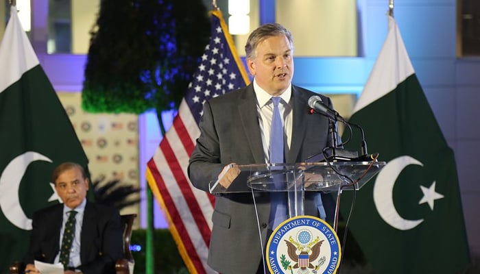 US Ambassador to Pakistan Donald Bloom addresses a ceremony in Islamabad, on September 30, 2022, to observe 75 years of diplomatic ties between the two countries. — US Embassy