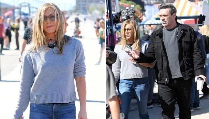 Jennifer Aniston wows fans in grey knit sweater and jeans on sets of ‘The Morning Show’