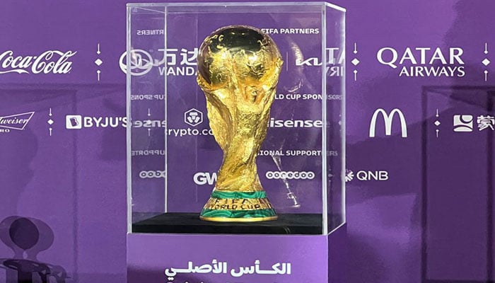 A view of the World Cup Trophy during an event marking 200 Days To Go ahead of the 2022 FIFA World Cup, in Doha, Qatar May 6, 2022. REUTERS/Imad Creidi