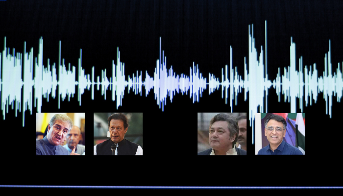 This illustration shows a screengrab taken from an alleged audio clip featuring (from left to right) PTI leader Shah Mahmood Qureshi, former prime minister Imran Khan, his then-principal secretary Azam Khan and PTIs Asad Umar. — Geo.tv