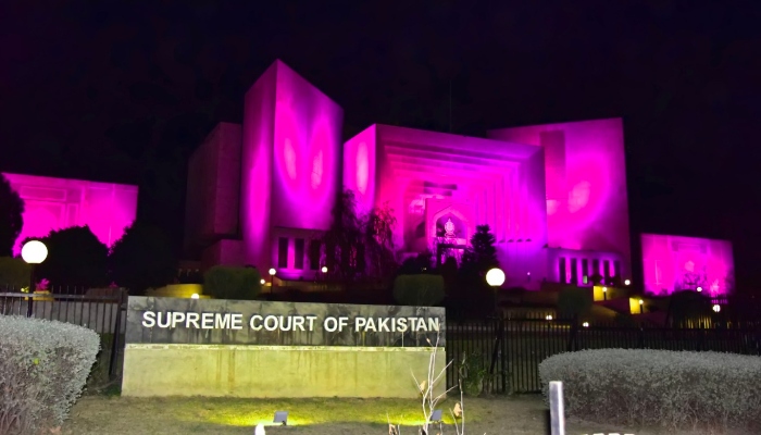 The front facade of the Supreme Court of Pakistans building illuminates in pink to mark breast cancer awareness month. — PINKtober