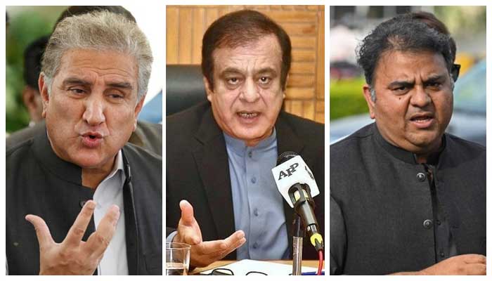 (Left to right) Picture collage of PTI leaders Shah Mahmood Qureshi, Shibli Faraz and Fawad Chaudhry. — AFP/APP/ File