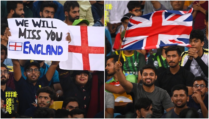 Pakistan cricket fans holding placards at Gaddafi Stadium Lahore. — Twitter