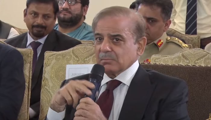 Prime Minister Shehbaz Sharif gestures during the inauguration ceremony of the digital dashboard in Islamabad, on October 3, 2022. — YouTube/PTVNewsLive