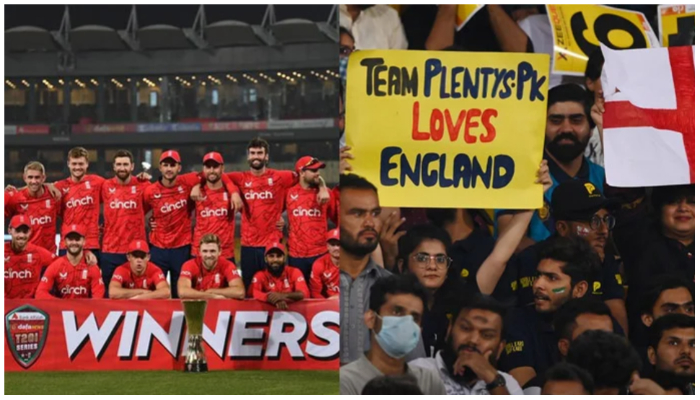 Image collage showing the England team posing after the series win (L) and Pakistani fans cheering up for them. — PCB