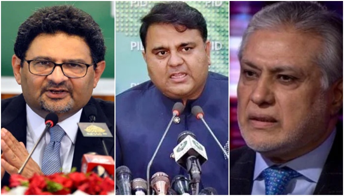 (From left to right) Former finance minister Miftah Ismail, PTI leader Fawad Chaudhry and incumbent Finance Minister Ishaq Dar. — AFP/PID/File