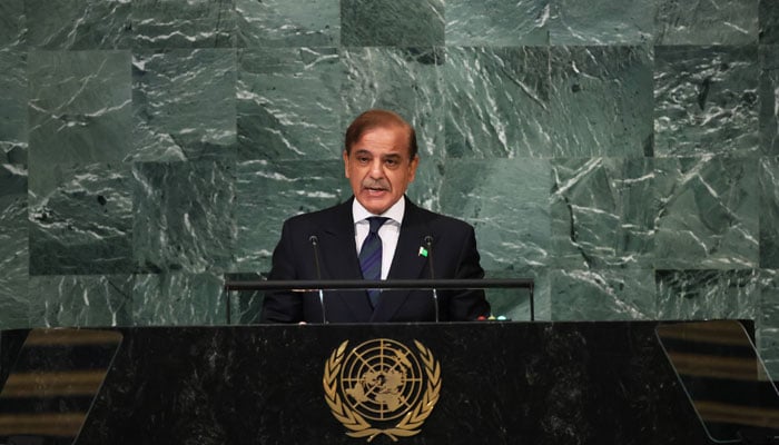 Prime Minister Shehbaz Sharif addressing the United Nations General Assembly. — AFP/File