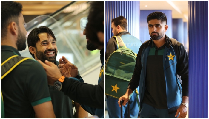 A collage of pictures showing Pakistan cricketers Mohammad Rizwan (left) and skipper Babar Azam (right) upon their arrival in New Zealand. — Geo.tv