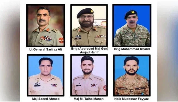 Image collage showing the six Pakistan Army personnel who embraced martyrdom during a helicopter crash in Balochistan. — ISPR