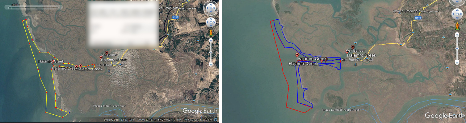 The image on the left shows the parameters of the Hajamaro Creek situated in Thatta, Sindh. The second image shows how seawater has eaten up 15.4 sq km of its shore. — Screengrab from Google Earth