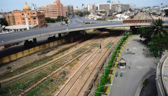 General view of deserted roads in a business district during a strict lockdown in Karachi on March 23, 2020. — AFP