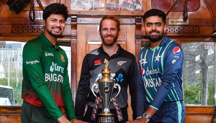 (From left to right) Bangladesh skipper Shakib Al Hasan, Kiwiz skipper Kane Williamson and Pakistan skipper Babar Azam. — Twitter/PCB
