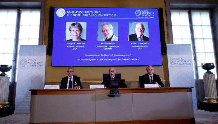 Jonas Aqvist, Chairman of the Nobel Committee for Chemistry, Hans Ellegren, Secretary General of the Royal Swedish Academy of Sciences and Olof Ramstrom, member of the Nobel Committee for Chemistry announce winners of the 2022 Nobel Prize in chemistry Caroline R. Bertozzi, Morten Meldal and K. Barry Sharpless, during a news conference at The Royal Swedish Academy of Sciences in Stockholm, Sweden, October 5, 2022. — Reuters